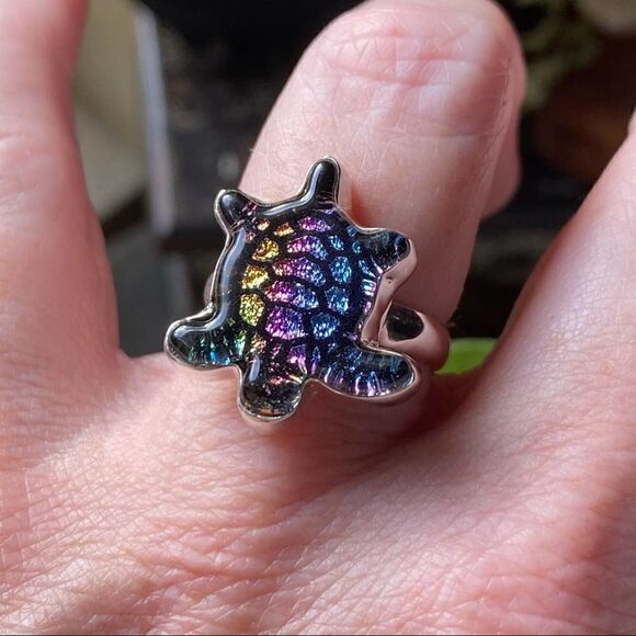 Turtle Dichroic Glass Sterling Silver Ring Size 8 - Picture 4 of 5